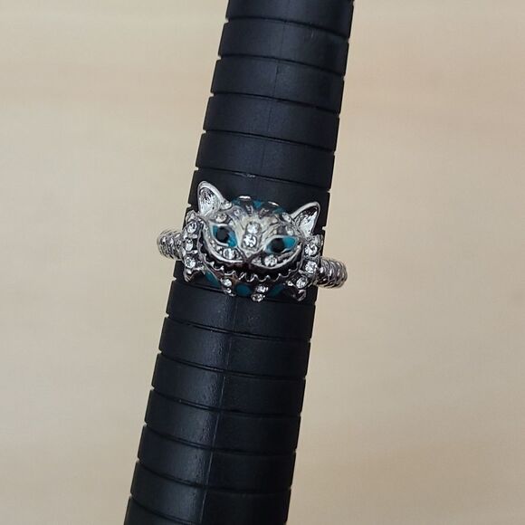 NEW Silver Rhinestone Alice and Wonderland Cat Ring in Silver, Black & Turquoise - Picture 1 of 2
